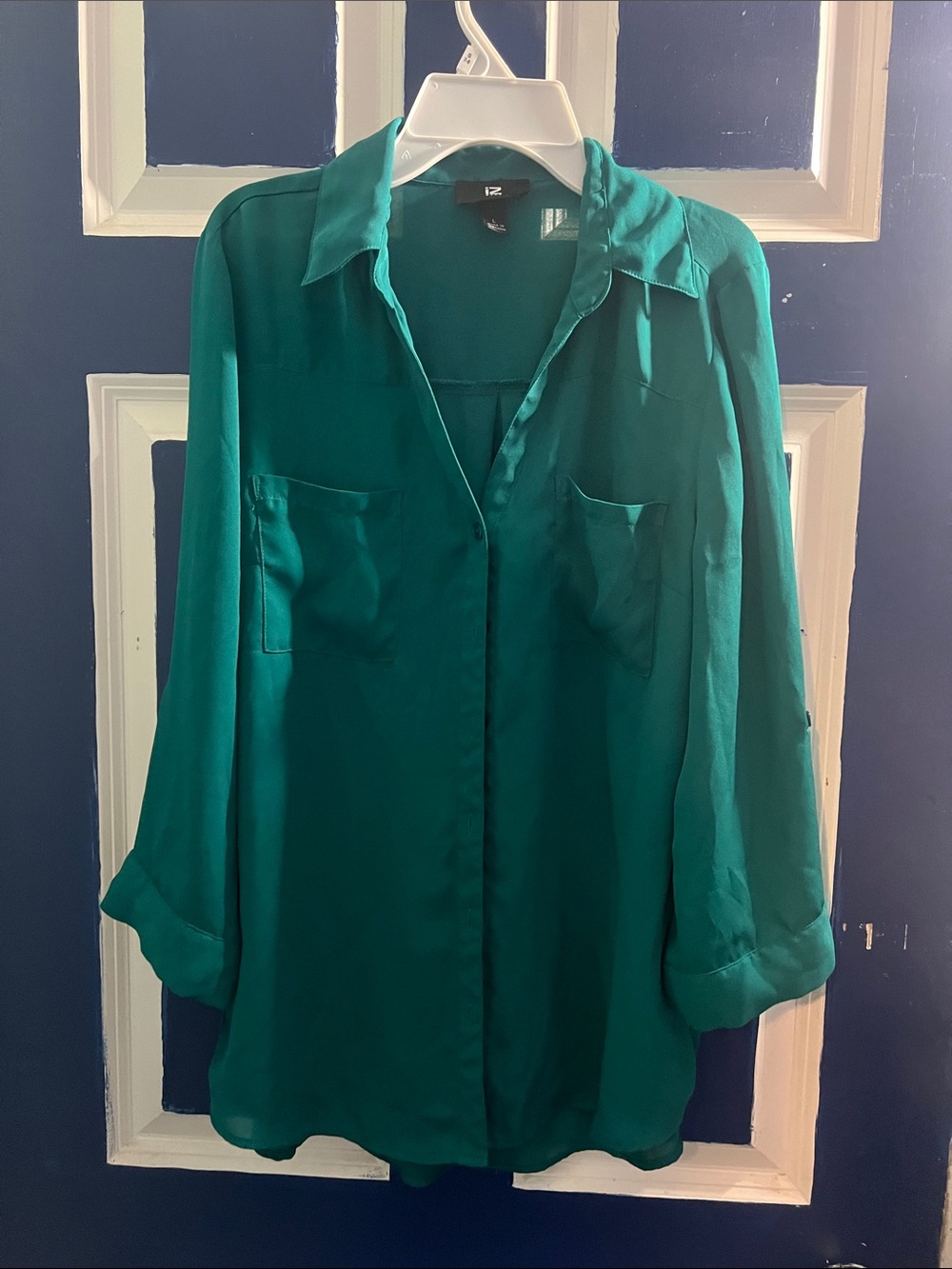 Iz Byer Teal Button-Front Long Sleeve Blouse